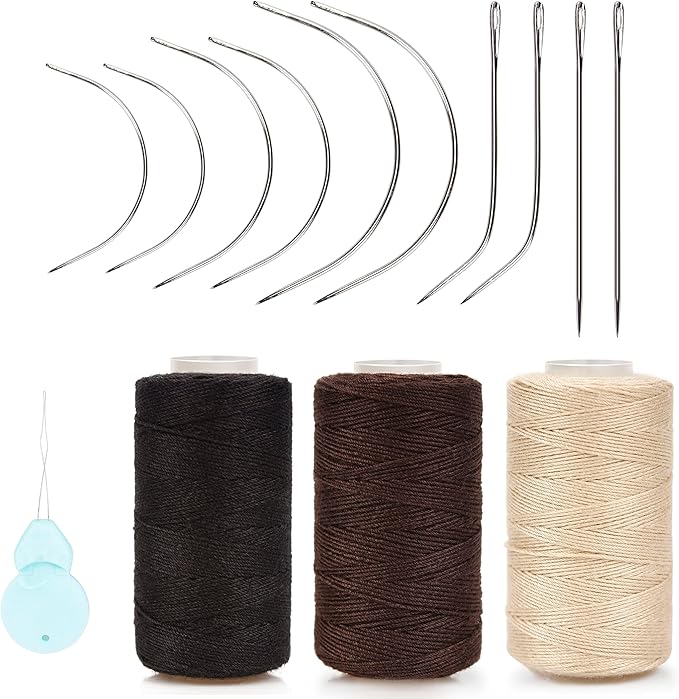 XCZYN Needle and Thread Set Professional Hair Extension Tools 10Pcs Curved Needle with 3Pcs Black Brown Beige Threads for Making Wig DIY Hand Sewing Hair Weave Extension (3 Thread, Mix Colors)