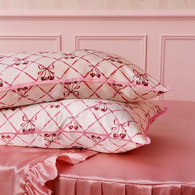 slip Queen Silk Pillowcase – Sweet Cherry Limited Edition with Lace Trim – 100% Pure Mulberry Slipsilk™ – Anti-Frizz, Anti-Crease, Anti-BedHead