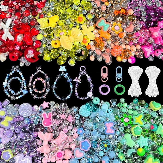 JoyJellies Assorted Acrylic Beads for Bracelets Keychain Making Kit, 8 Colors 420+PCS Mix Cute Charms Set with String and Clips Ring Flower Bow Heart Beads Crafts Jewelry DIY Phone Bag Charms