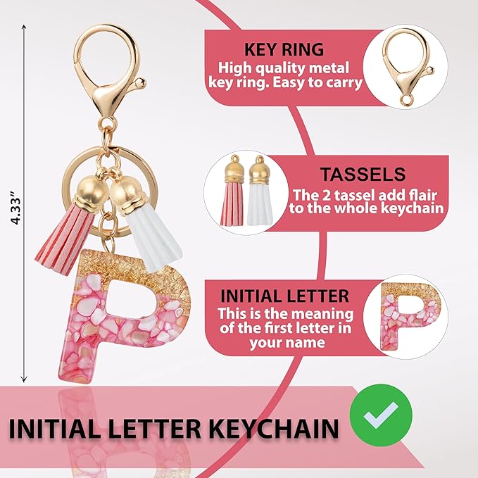 Initial Letter Keychain Cute Resin with 2 PU Tassel, Letter Keychain for Backpack Charms, Initial Keychains for Women