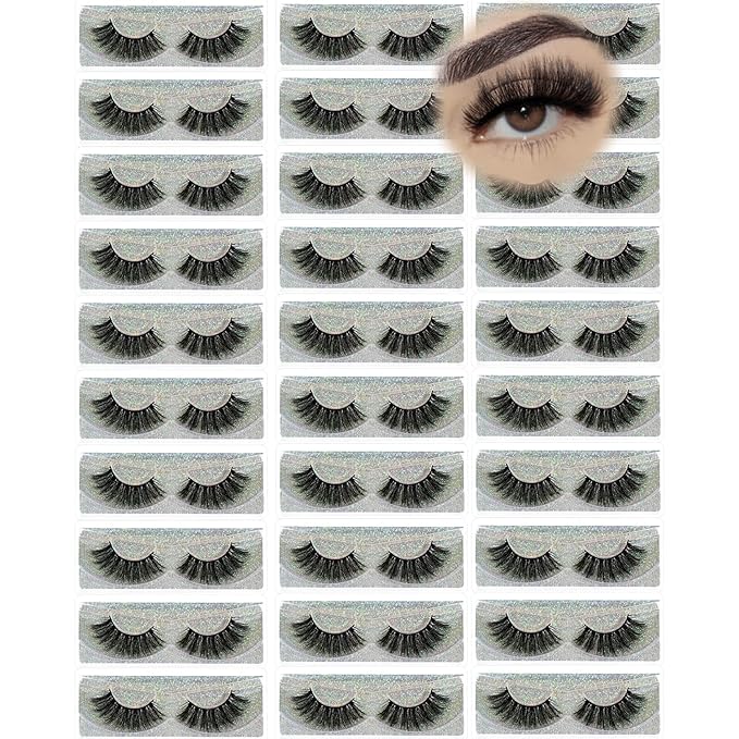 Wholesale Lashes, 3D Faux Mink Eyelash Bulk, 18mm Handmade Reusable Eye Lash, Dramatic Fluffy False Lash with Glitter Portable Packing (Flufy 30 pairs - MK22)