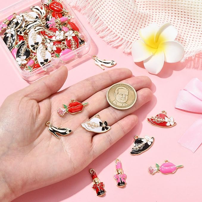 Stiesy 45 Pcs Lady Theme Alloy Enamel Charms Lip Hat High-heeled Shoes Lipstick Shape Dangle Charms Pendant for DIY Jewelry Making Necklace Bracelet keychain Crafts
