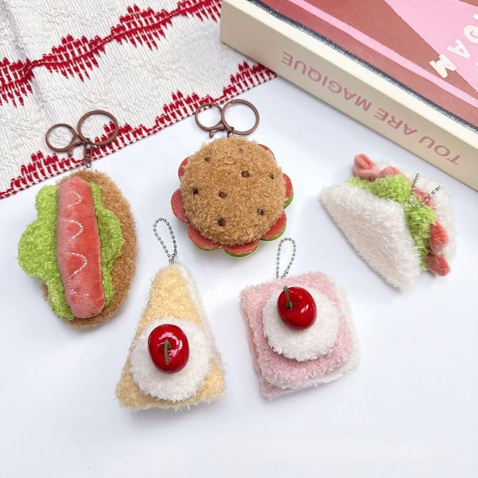 Super Cute Realistic Plush Cherry Cake Sandwich Hamburger Hotdog Bread Keychain Key Ring Bag Charm Pendant