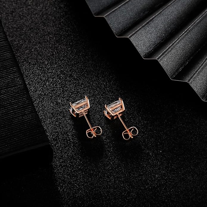 MDFUN 5 Pairs Square Earrings Set for Women Hypoallergenic 18K White Gold/Yellow Gold/Rose Gold Plated Princess Cut Clear Cubic Zirconia Stud Earring 3-7MM Pack of 5