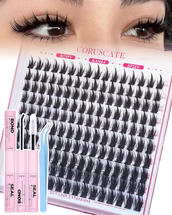 CORUSCATE Manga Lash Clusters Kit Spikes Anime Eyelash Clusters Natural Lash Extension Kit Wispy Cluster Eyelash Extensions Japanese Individual Lashes CD Curl DIY with Lashes Cluster Glue