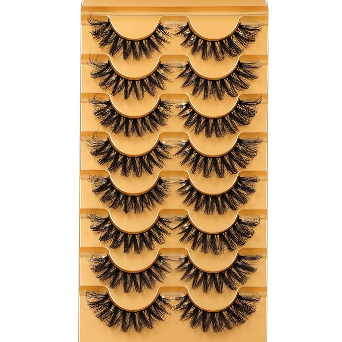Focipeysa False Eyelashes Fluffy Mink Lashes Natural D Curl Lash Strips Look Like Extensions 17mm Wispy Crossed Cat Eye Lashes 8 Pairs Pack