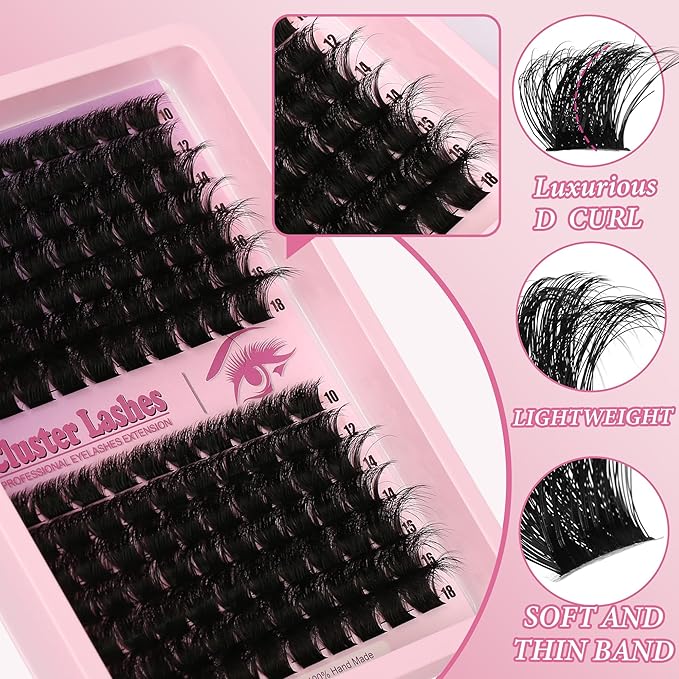 D Curl Lash Clusters Extensions 140 Pcs Individual Eye lash Clusters 200D Cluster Eyelash Clusters Lashes Makeup at Home - DIY Lash Extension Kit for Self Application (9-18MM) Mix