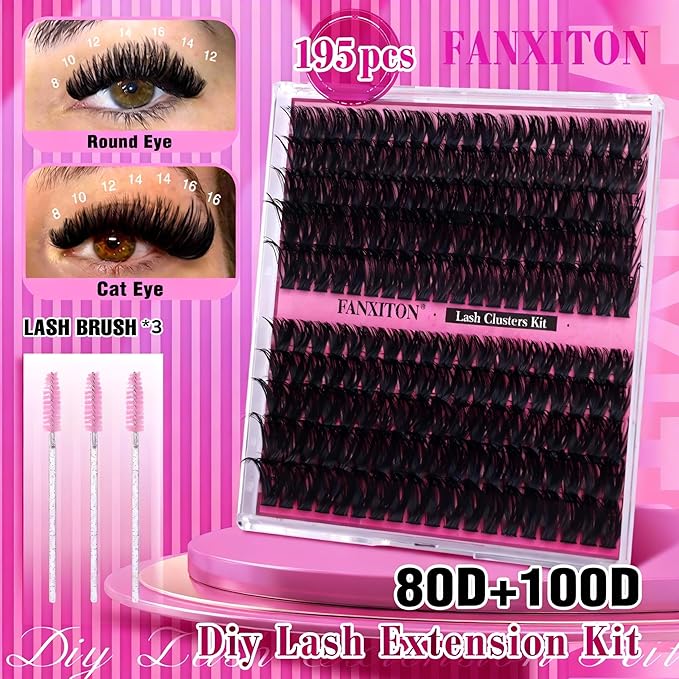 DIY Lash Extension Kit Volume Thick Lash Clusters D Curl 80D+100D 10-16MM Eyelash Extension Kit Individual Lashes Lash Cluster Kit For Beginners (No Glue)