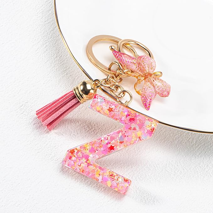 Initial letter Keychains for Women Girls Tassel Butterfly Cute Keychain for Wallet Backpack charm