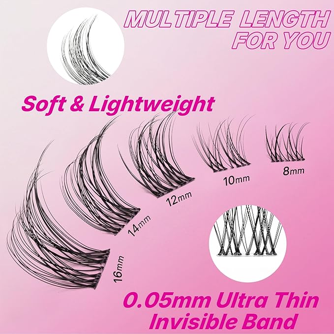 VEYESBEAUTY Aliva Cluster Lashes Kit Individual Lash Extensions Newbie's Five-Second DIY Dramatic Volume Eyelash Wispy Faux Mink Lash Mixed Length Tray with Bond & Seal, Applicator at Home
