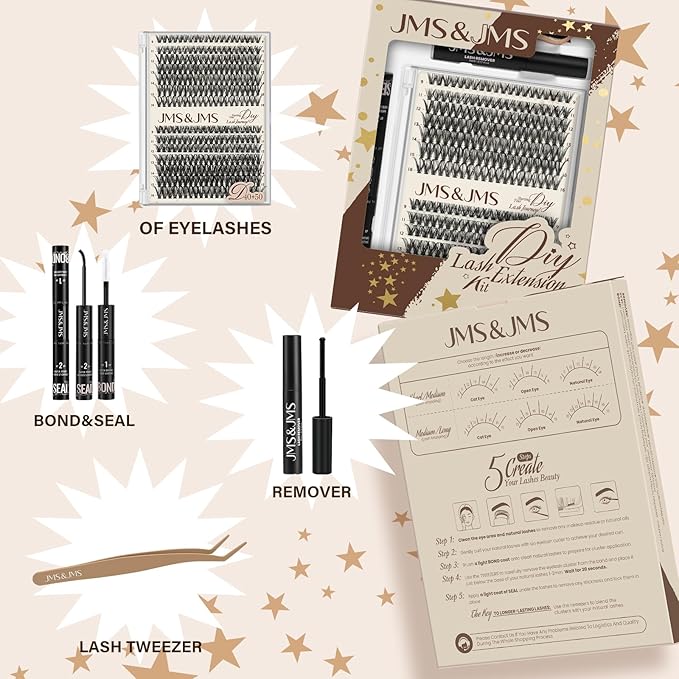 JMS&JMS DIY Lash Extension Kit Lash Clusters Kit 40D+50D D Curl Individual Lashes Eyelash Extension Kit 280 pcs Thin Band Cluster Lashes Lash Bond and Seal Tweezers Easy to apply