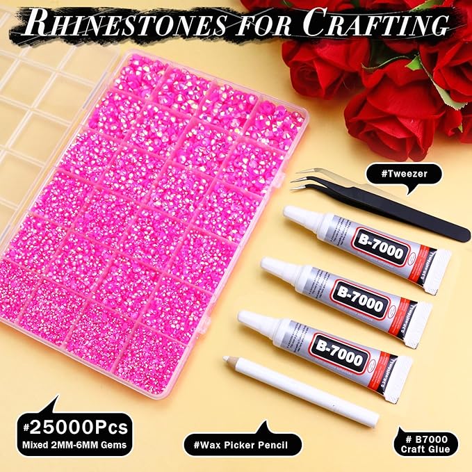 25000PCS Resin Jelly Rhinestones for Crafts Tumblers Mugs Bags Shoes Clothing, Hot Pink AB Flatback Rhinestone Gems, Bedazzling Crystal Stone Diamond with B7000 Glue, 2mm 3mm 4mm 5mm 6mm