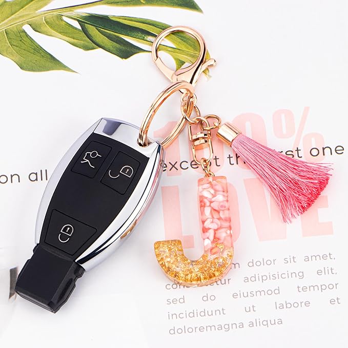 Suweibuke Cute Pink Key Chains for Women Girls, Initial Letter Keychains with Tassel, Charms for Key Purse Handbags Backpacks