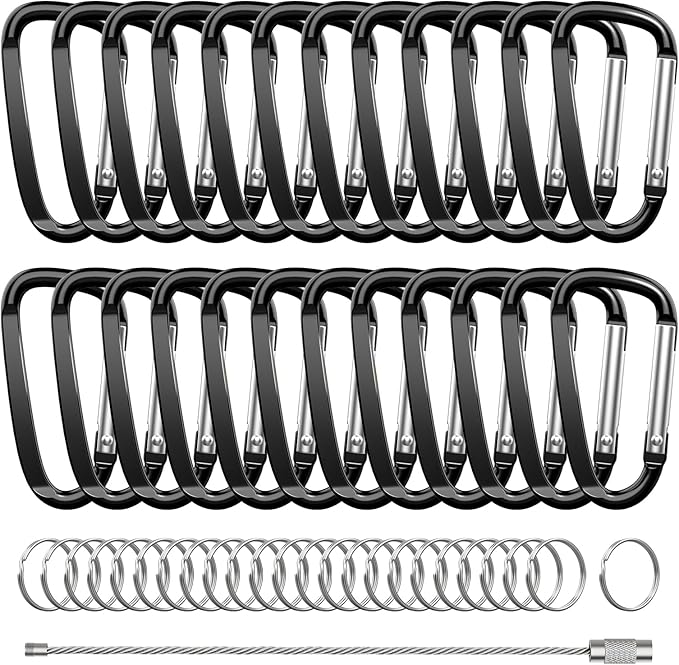 2.4" 24pcs Small Carabiner Clip Keychain, Aluminum D Ring Shape Clips with Keyring Keychain Hook