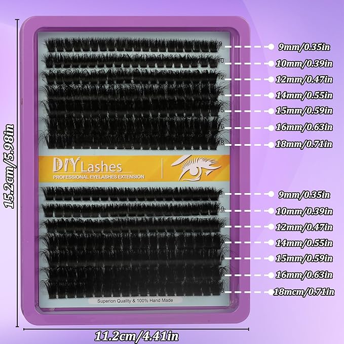 Lash Extension Kit - 280 Pcs 60D+80D Thick Wispy Clusters (9-18MM) with D & C Curl for Home Makeup