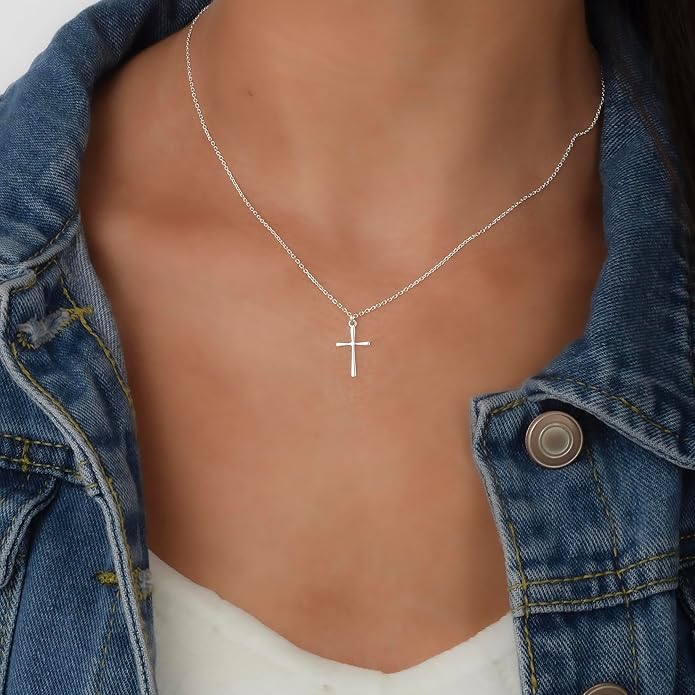 Annika Bella Cross Necklace for Women, 16-18 Inches Silver/Gold Chain, Women's Small Simple Cross Necklaces Religious Charm Jewelry, Faith Gift for Her