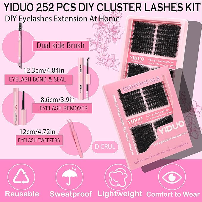 YIDUO Lash Clusters Kit 100D+150D 10-18mm Cat Eye Eyelash Extensions Kit Volume Wispy C/D Curl Left & Right Individual DIY Lash Extension Kit with Glue |Tweezers |Removers |Eyelash & Eyebrow Brush