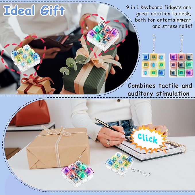 2 Pack 9 in 1 Keyboard Fidget Toy, Keyboard Fidget Keychain Keyboard Decompression Button Finger Clicker Toys Stress Relief Fidget Gifts (Mix Transparent)