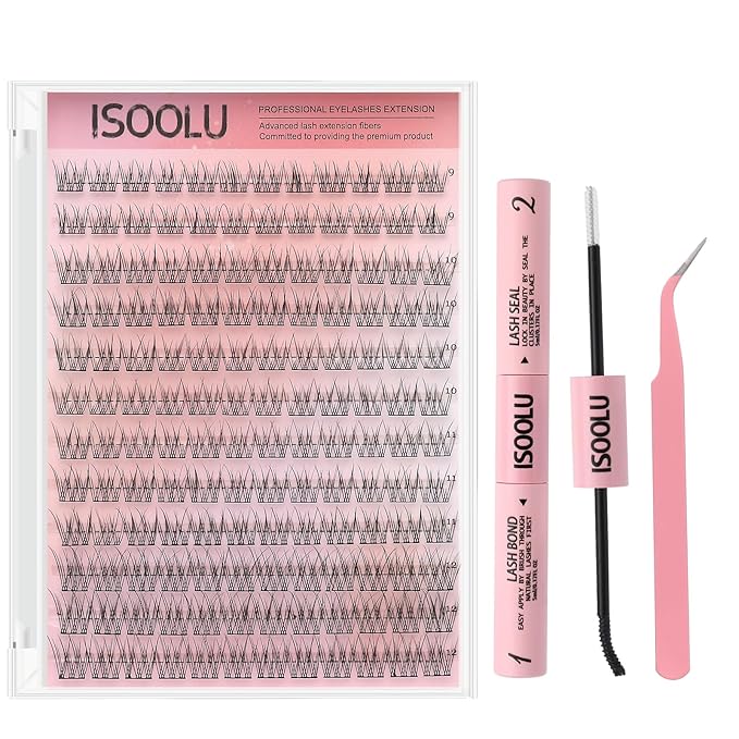 ISOOLU Fairy Lash Clusters Manga Individual Lashes C Curl Wispy Eyelash Clusters WideSpan Eyelash Extension Kit with Lash Bond and Seal Wet-Look Spiky Cluster Lashes (Fishtail kit)