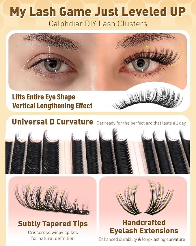 Calphdiar Eyelash Clusters 30D+40D+50D+60D+80D+100D Lash Clusters 476PCS Wispy Individual Lashes D-curly Lash Extension 10-16MM DIY Cluster Eyelash Extensions for Everyday at Home