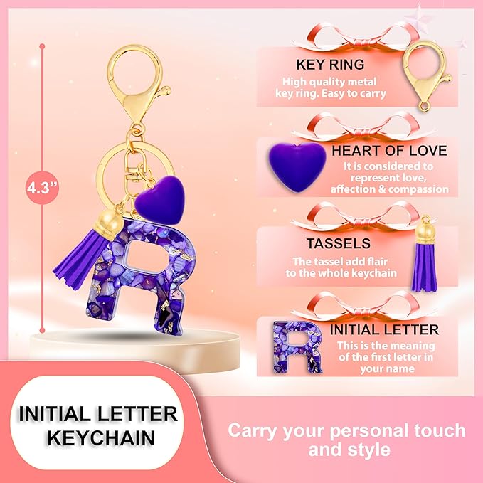 Initial Keychains for Women with Cute Heart Resin - Alphabet Letter Keychain for Bag, Backpacks, Purse or Car key