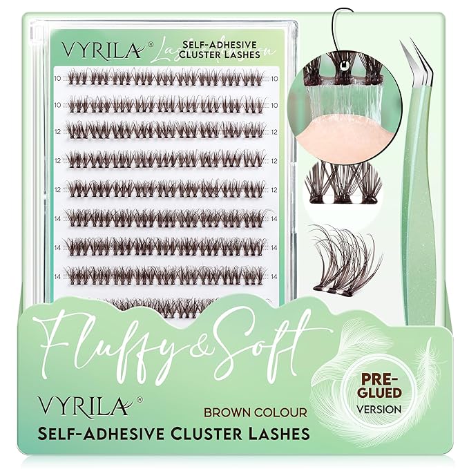 VYRILA Brown Self-Adhesive Lash Cluster Kit, Pre-Glued Clusters with Tweezers, Pop-On Faux Eyelashes, 3D Thin Band D Curl Natural Look Lahses, Easy to Apply, Reusable Eyelash Extensions (Soul-Brown)