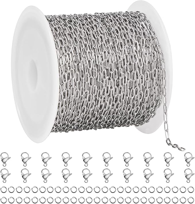 UMAOKANG 32.8 Feet Stainless Steel Paperclip Chain Bulk for Jewelry Making Small Craft Chain DIY Jewelry Supplies