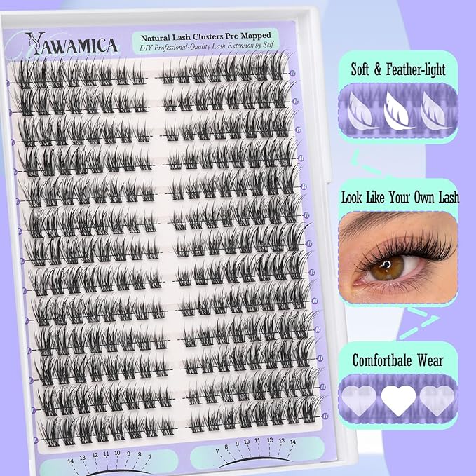 Yawamica Natural Lash Clusters Cat Eye Lash Extension 7-14mm Wispy Eyelash Clusters C Curly Individual Lashes Pre-mapped Cluster Lashes Left Right Cluster Eyelash Extensions DIY Lashes Natural Look