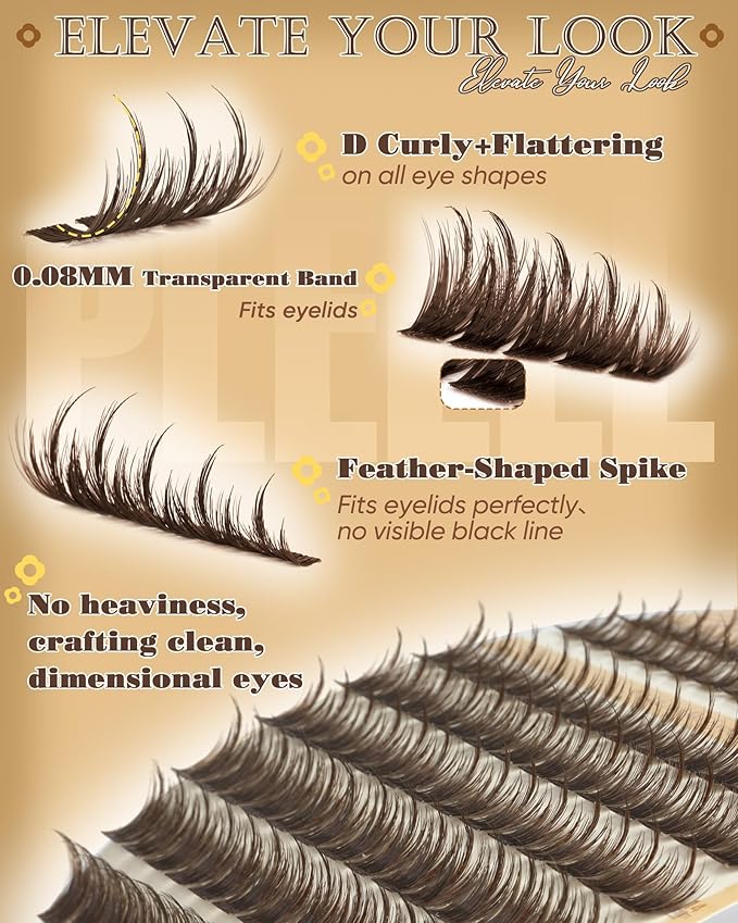 Pleell Brown Lash Clusters With Spikes Natural Manga Eyelash Clusters Wispy Fluttery Cluster Eyelashes Extensions Thin & Invisible Band Cluster Lashes D-Curly 12-18mm Individual Lashes