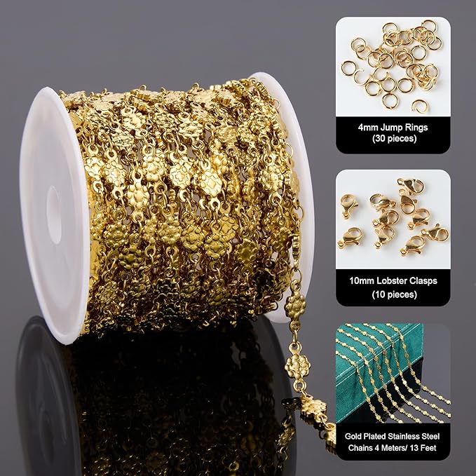 UMAOKANG 13 Feet Gold Plated Chains for Jewelry Making Stainless Steel Flower Link Chain Bulk on Spool