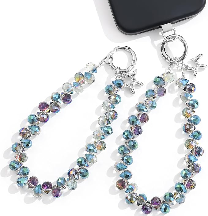 2pcs Crystal Phone Wrist Strap Phone Charm Chain Keychain Beaded Cellphone Lanyard with Tether Tab Hands-Free Wristlet Bracelet Wrist Grip Strap for Women, D-Dark Purple