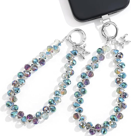 2pcs Crystal Phone Wrist Strap Phone Charm Chain Keychain Beaded Cellphone Lanyard with Tether Tab Hands-Free Wristlet Bracelet Wrist Grip Strap for Women, D-Dark Purple