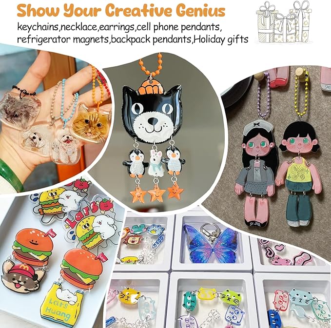 Hayunfiys Shrinky Plastic Sheets Kit, Shrink Paper Keychains and Open Iron Ring for Kids DIY Creative Craft Marking (181 PCS)