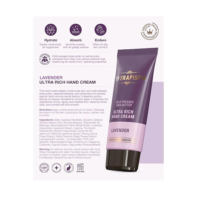 THERAPISPA Ultra Rich Hand Cream – Intensive Hydration & Repair for Dry, Chapped Hands | Enriched with Shea Butter, Ceramides, Niacinamide (B3) & Panthenol (B5) (Lavender, 2.0 oz, Pack of 1)