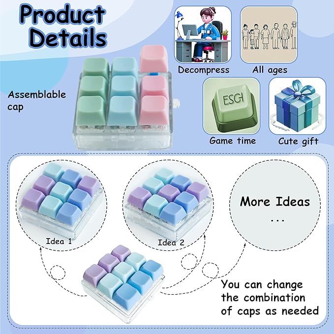 2 Pack 9 in 1 Keyboard Fidget Toy, Keyboard Fidget Keychain Anti-Stress Keyboard Decompression Button Finger Clicker Toys Stress Relief Fidget Gifts (Purple,Pink)