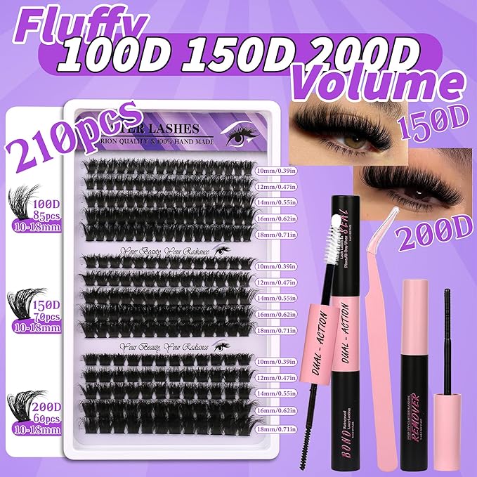 Lash Clusters 3 Densities (100D/150D/200D) Mixed Length 10-18mm DIY Eyelash Extensions Kit 210 Clusters Handmade Soft Lashes with Glue Sealant Remover & Tweezers Sensitive Eye Friendly for Daily
