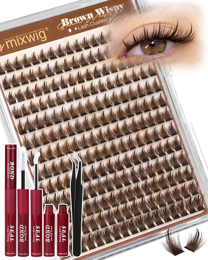 Brown Lash Clusters Kit Wispy Lash Extension Kit 10-14MM Short Spiky Eyelash Clusters Natural Cluster Eyelash Extensions Dark Brown Individual Lashes D Curly DIY Lash Extension by Lvmixwig