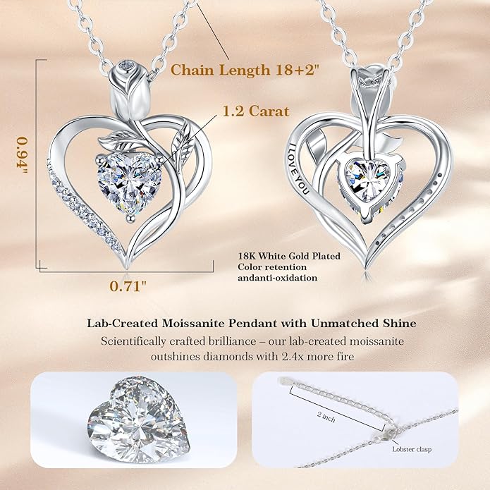 1.2CT Rose Heart Necklace Option of Moissanite or Lab-Grown Sapphire Ruby Emerald&More Necklace for Women Birthstone Girlfriend Necklace S925 Sterling Silver 18K White/Rose Gold Plated D Color VVS1 Gift for Wife Mother Daughter for Birthday Anniversary...
