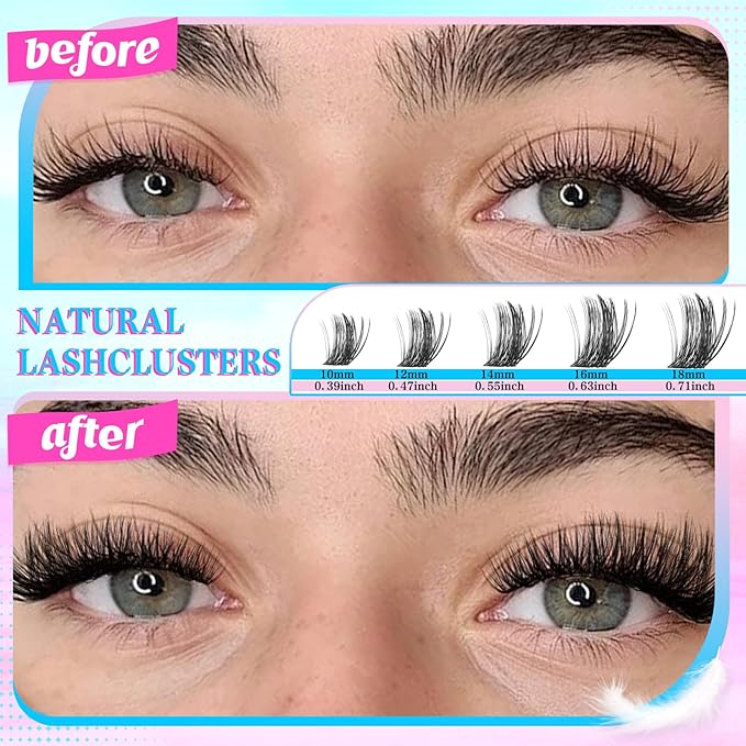Lash Clusters Kit 288pcs, Natural Wispy DIY Eyelash Lashes Clusters Extensions Kit, 10-18mm D Curl with Lash Glue, Brush Tweezer