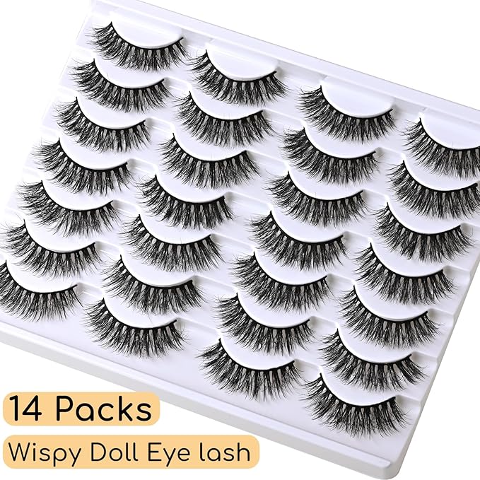 APCYUST Lashes False Eyelashes Natural Lashes Wispy 14 Pairs Fake Eyelash Reusable Lash Strips Fluffy Eye Lashes Pack Short Mink Strip Lashes Natural Look Wispies Cateye Lashes for Women