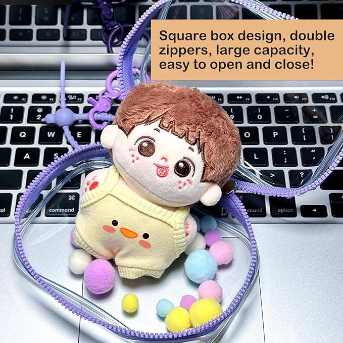 CALEMBOU BJD Doll Clear Display Bag, Portable Figures Storage Bag with Keychain, Mini Doll Hanging Box, Double Zipper Closure Dustproof Case for Figures Plushies (Square box-purple 13cm)