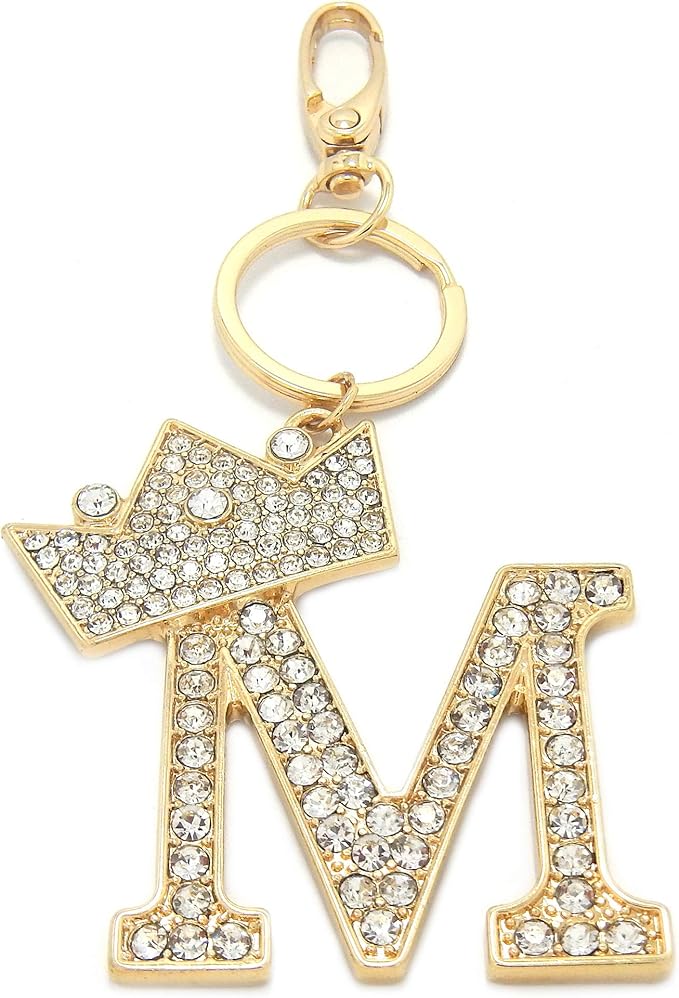 CBC Crown Crystal Rhinestone Letter Initial Keychain, Gold Metal, Bag Charm with Key Ring Approx. 2.17" x 2.56"