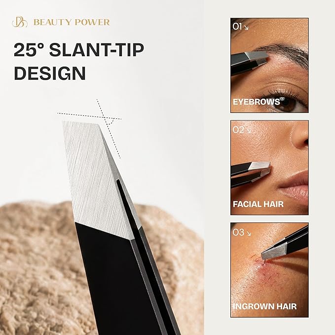 Beauty Power Precision Tweezers for Women Facial Hair & Men - Professional Tweezers Set with Slant & Point Tips, German Stainless Steel, PU Leather Travel Case, Lightweight & Ultra Precision Black