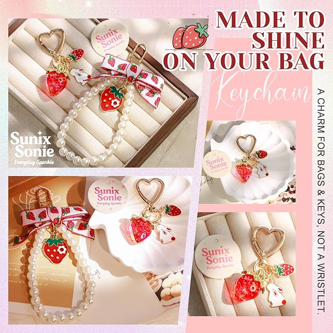 2Pcs Strawberry Keychain Charm Cute Bag Charms Flower Daisy Pearl Bow Keychain Strawberry gift for Women