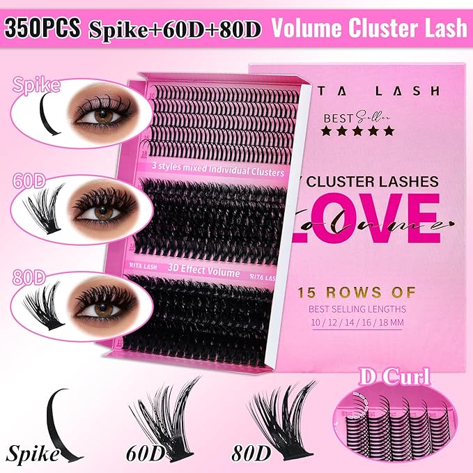 Lash Clusters Kit Eyelash Clusters Kit Cat Eye Lashes Cluster Eyelash Extensions Large Pack Colored Lash Extension Kit Pestañas Postizas Naturales+Lash Bond&Seal,Remover,Tweezers,Cleanser(Lash Kit-7)
