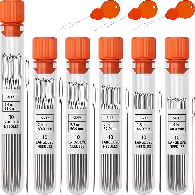 VONEEDL 60 PCS Large Eye Sharp Needles - Easy to Thread Big Eye Sewing Needles, Embroidery Needles (6 Sizes)