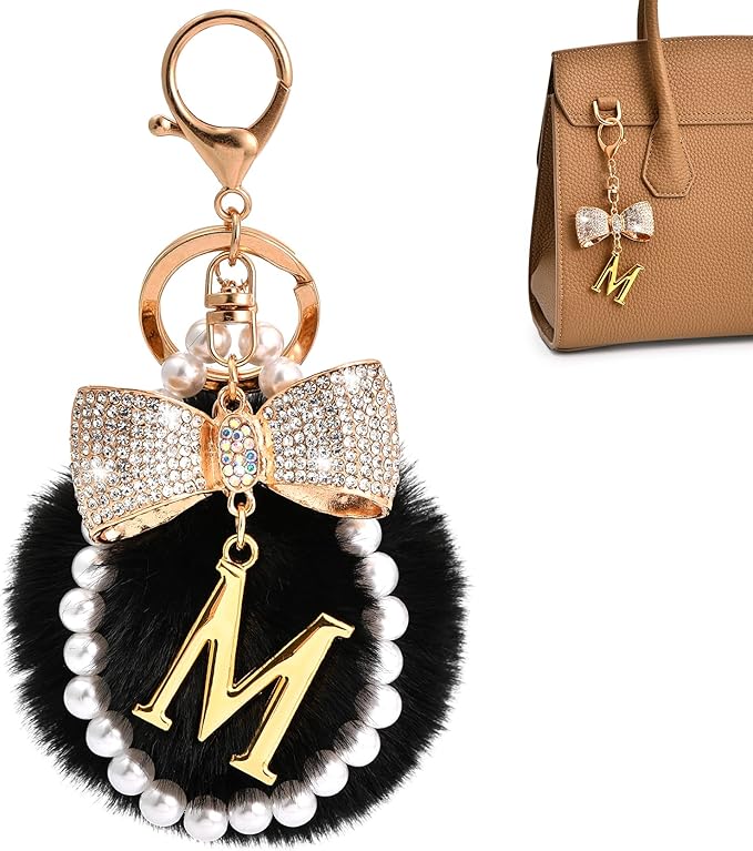 Gold Initial Keychain with Rhinestone Bow & Black Pom Pom, Cute Letter Bag Charm for Women Purse and Car Keys
