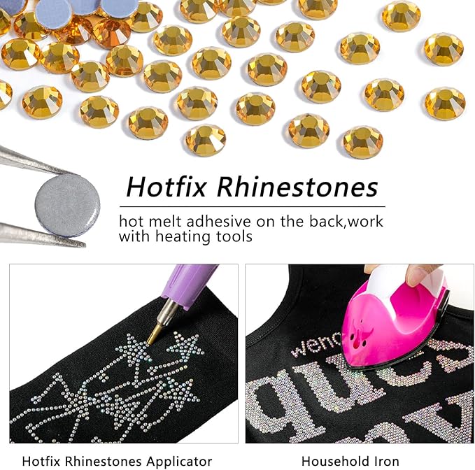 Beadsland Hotfix Rhinestones, 1440pcs Flatback Crystal Rhinestones for Crafts Clothes DIY Decorations, Topaz, SS12, 3.0-3.2mm
