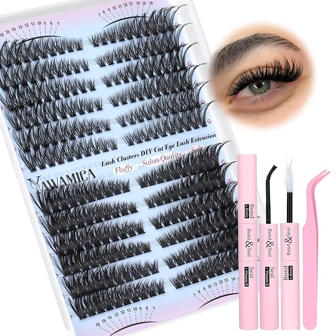 Yawamica Lash Extension Kit 50D 80D Cat Eye Lashes Clusters Kit 7-16mm Wispy Cluster Eyelash Extensions Kit D Curly Eyelash Clusters 240pcs Individual Lashes with Bond and Seal Lash Tweezers DIY Lash