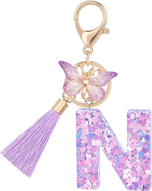 Initial letter Keychains for Women Girls Tassel Butterfly Cute Keychain for Wallet Backpack charm